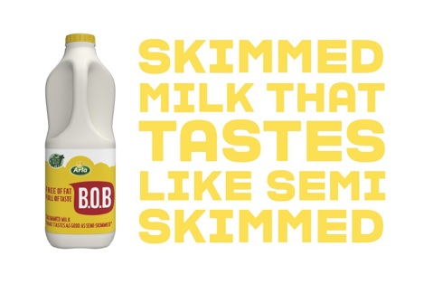 'Skimmed milk that tastes like semi skimmed' next to an Arla B.O.B bottle