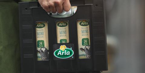 Close up of Arla milk in crate