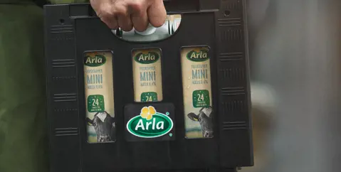 Close up of Arla milk in crate