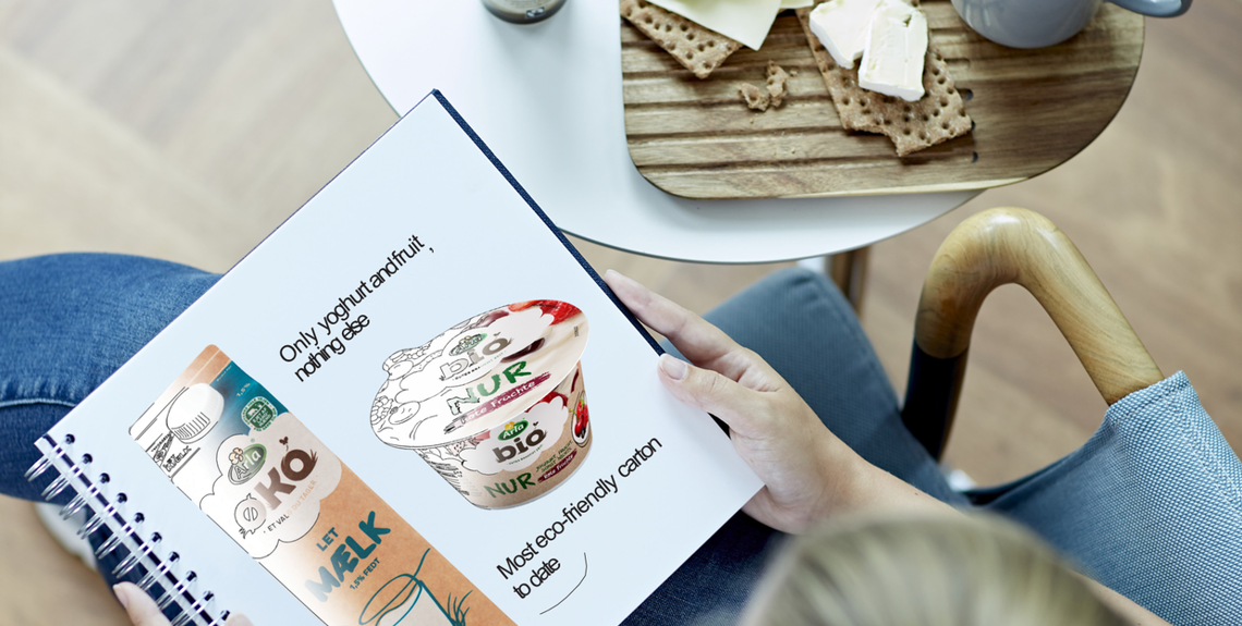 Woman looking at picture of yogurt 