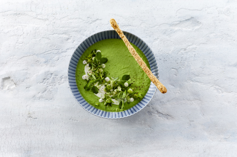 Cold pea soup with yoghurt and grissini breadsticks