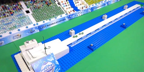 A long, sloped marble track for balancing