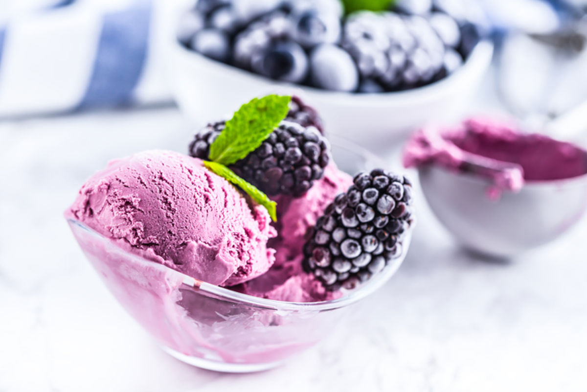 A bowl of frozen yogurt topped with blueberries and mint