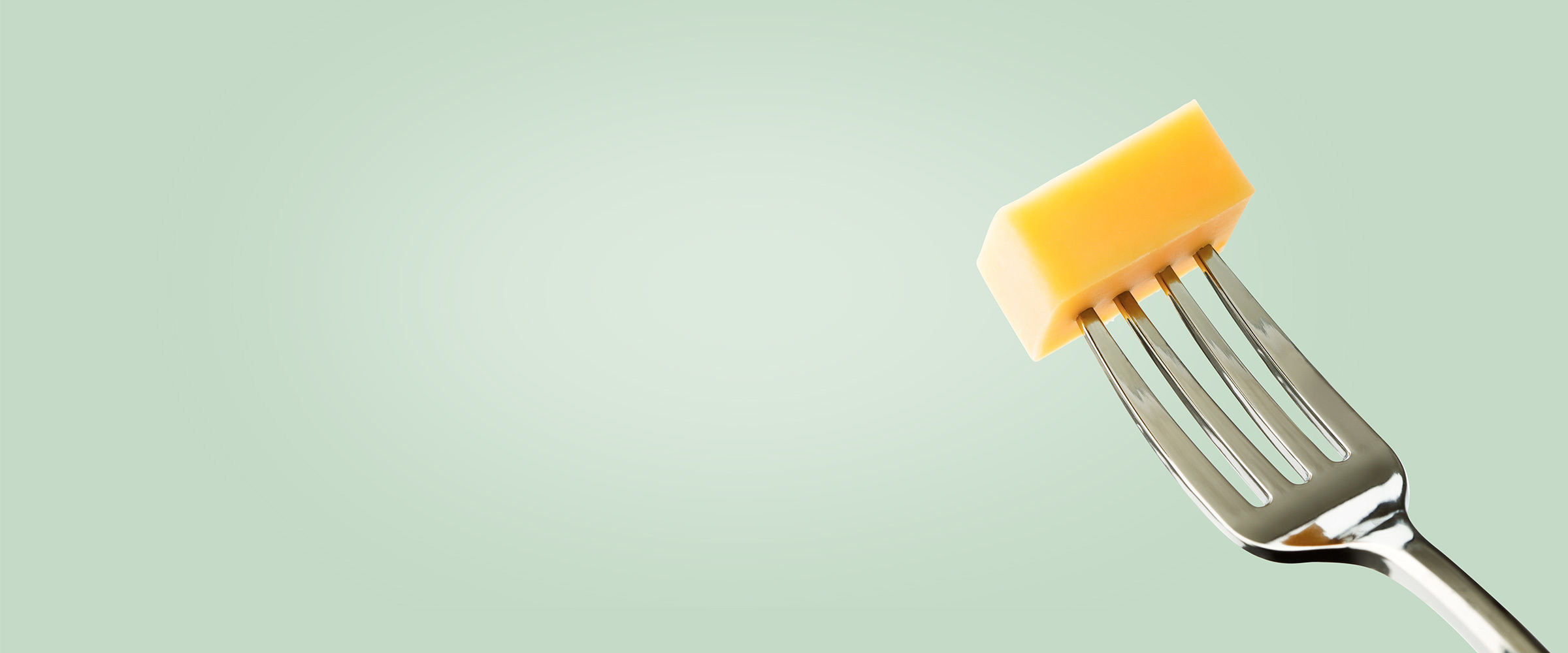 A cube of cheese on a fork