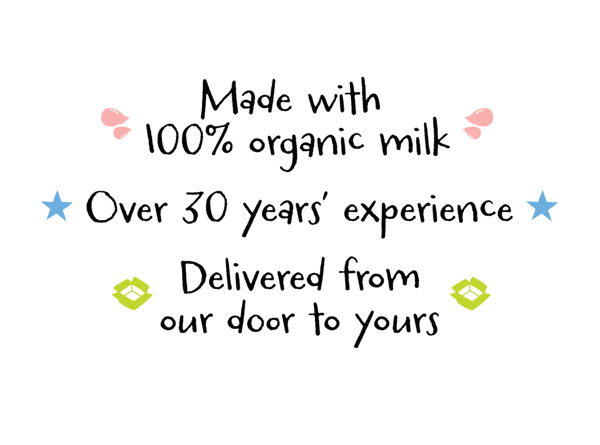 text: Made with 100% organic milk, Over 30 years' experience, Delivered from our door to yours