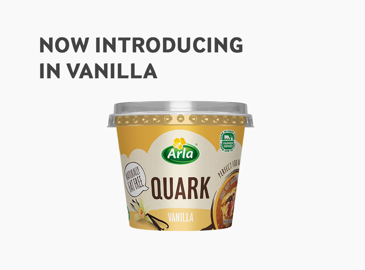 A pot of Arla Quark Vanilla below the text 'Now Introducing Vanilla'
