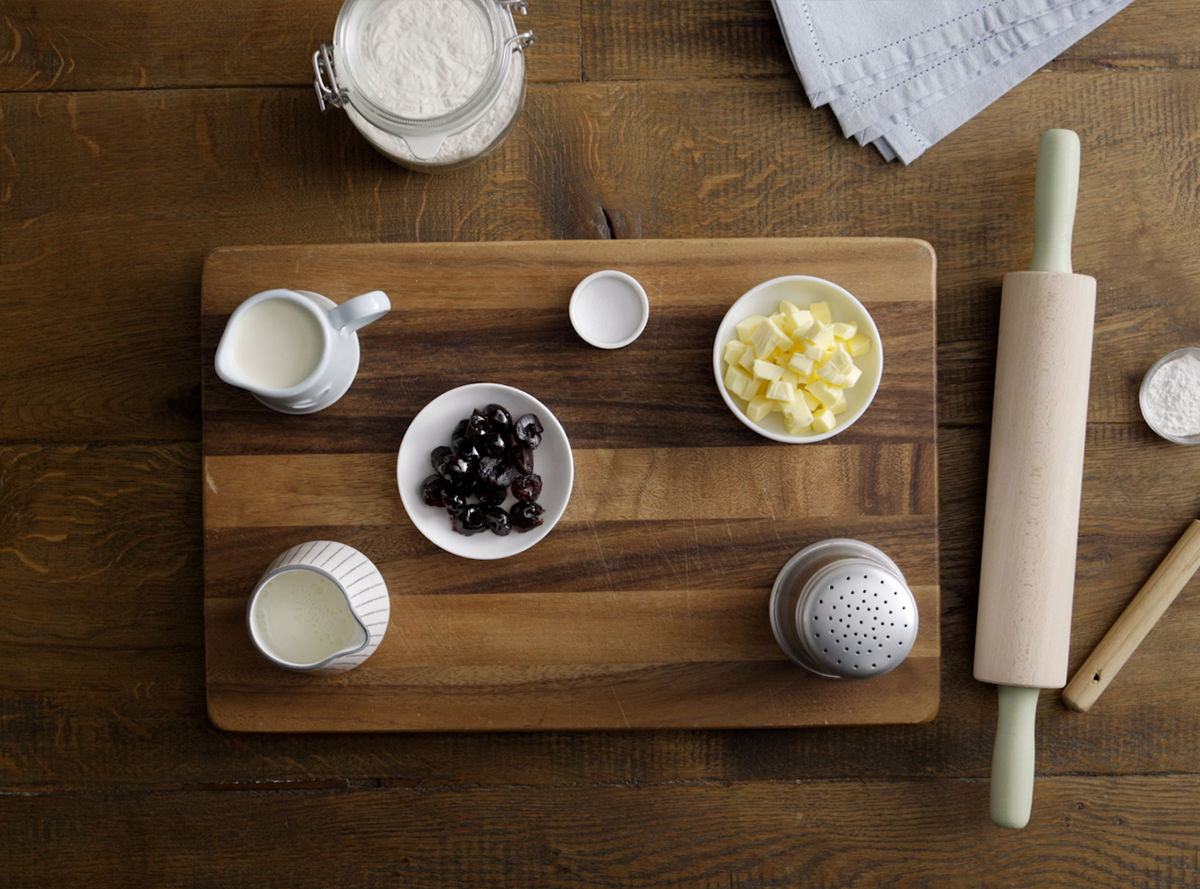 scone ingredients laid out on a cutting board
