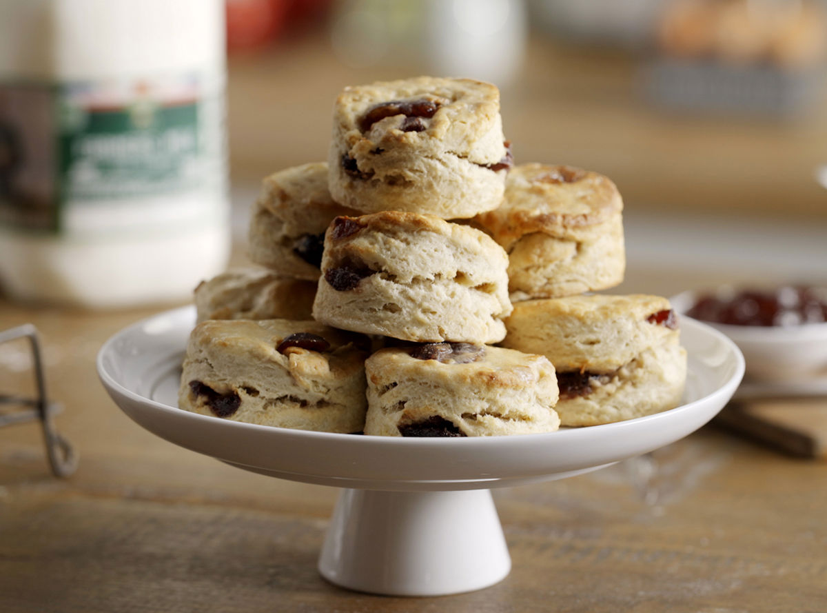 Cherry scones piled onto a tray