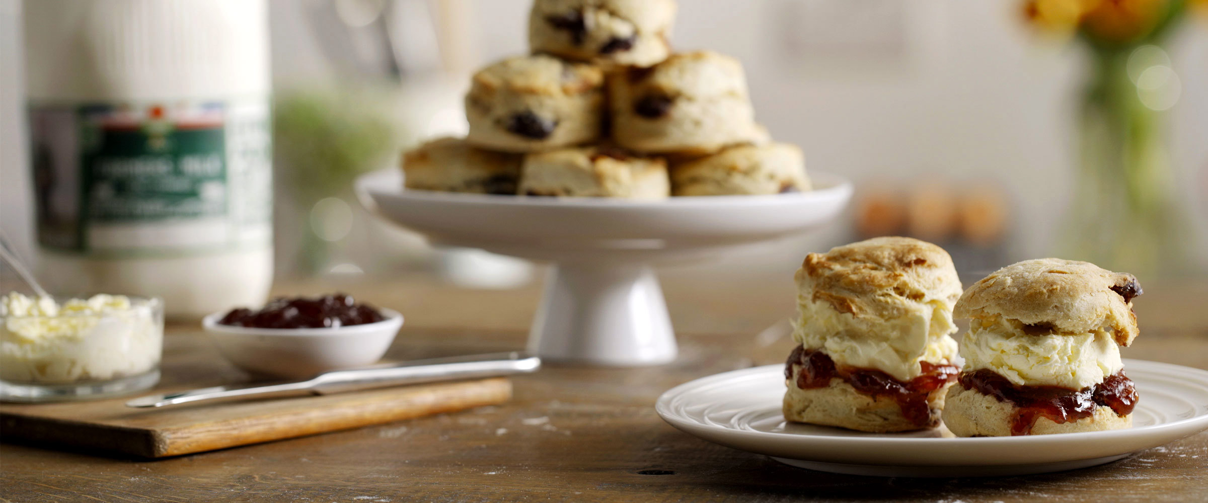 Cherry scones filled with jam and clotted cream