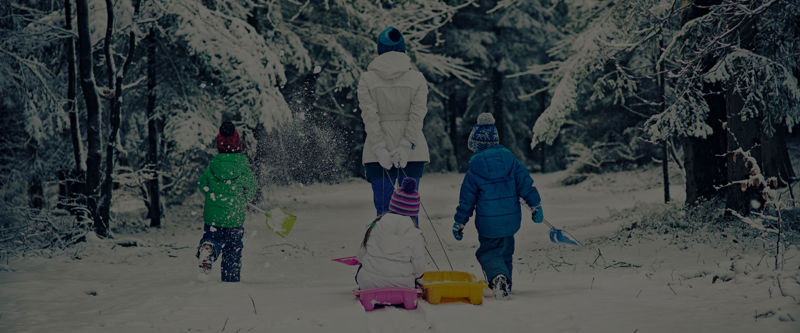 A mother and children sledding through trees in the snow