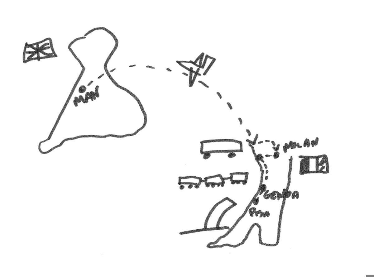 A child illustration of a plane flying from Italy to Manchester