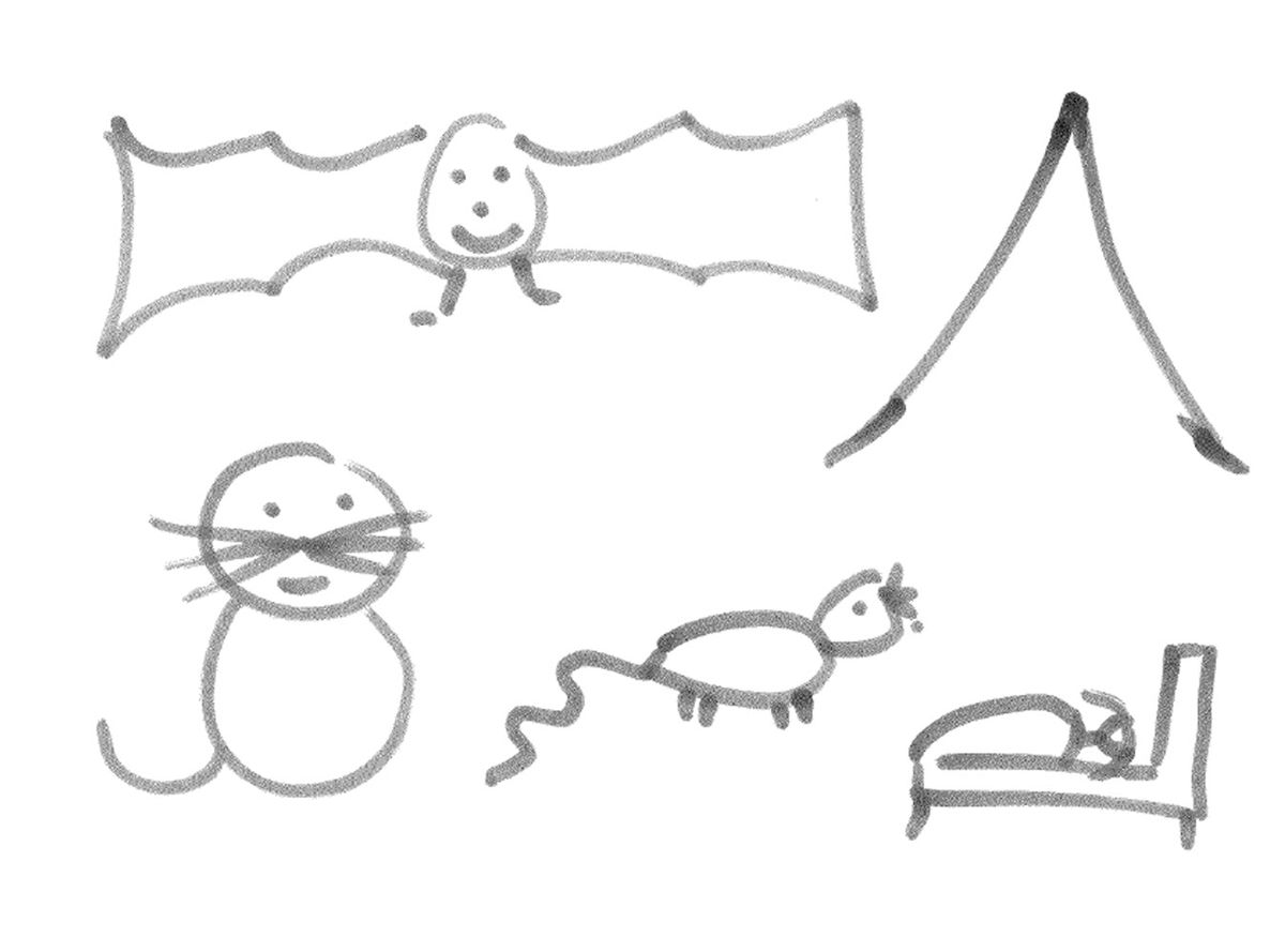 A childs drawing of a bat a cat and a rat