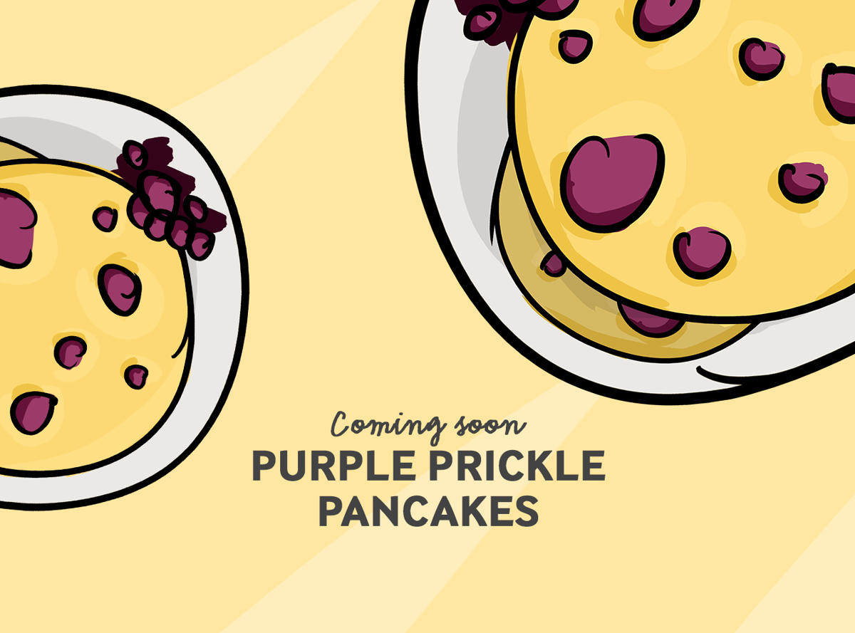 Coming soon. Purple prickle pancakes illustration