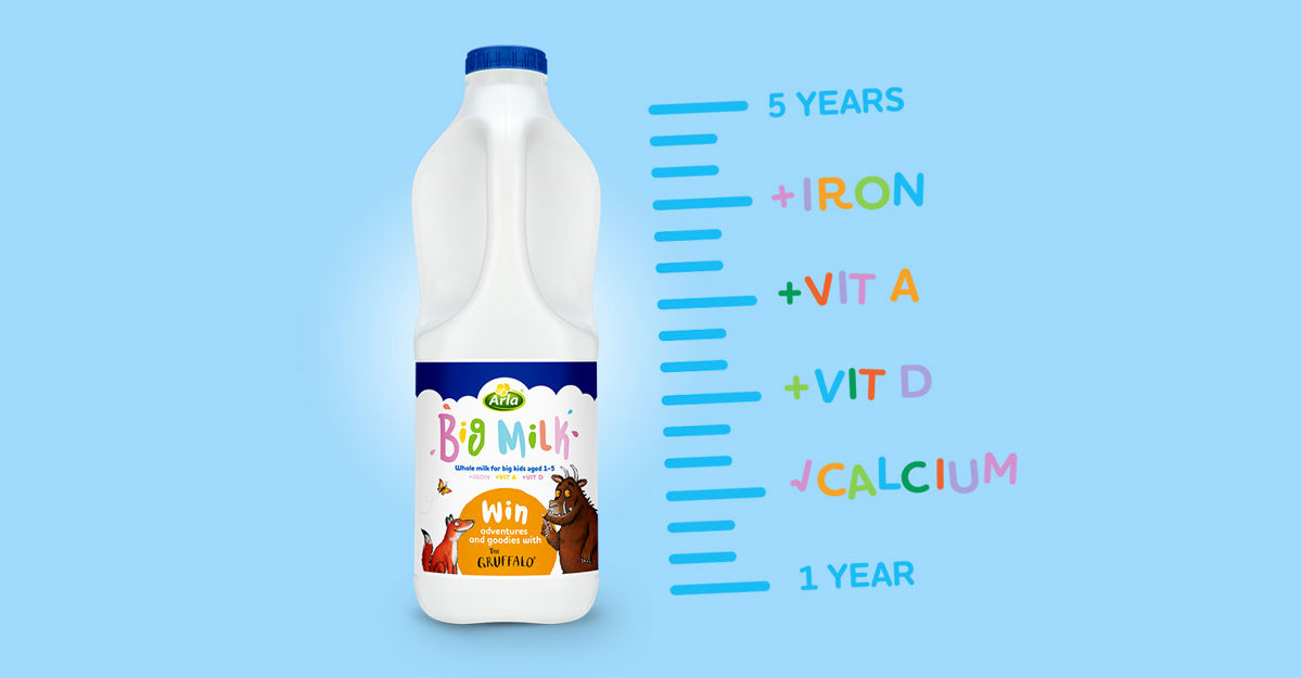 Bottle of Arla Big Milk. Iron, Vit A, Vit D, Calcium. 1-5 years
