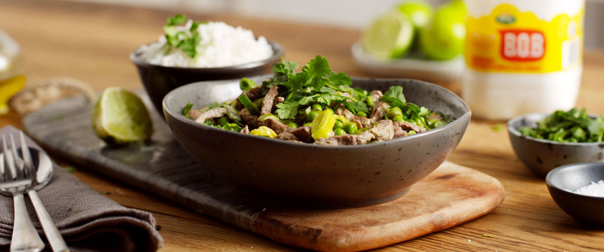 A bowl of thai beef curry