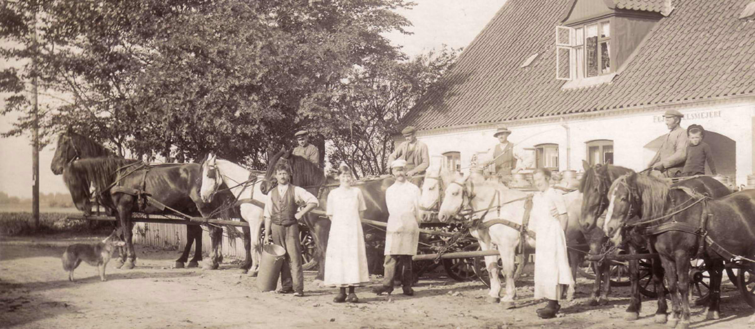 An old black and white photo of farmers on horses
