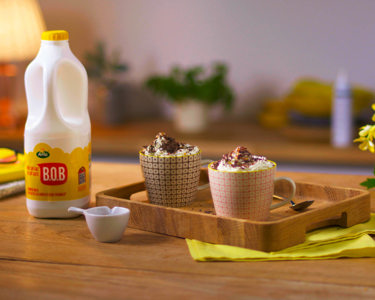 Chilli hot chocolate next to a bottle of Arla B.O.B milk
